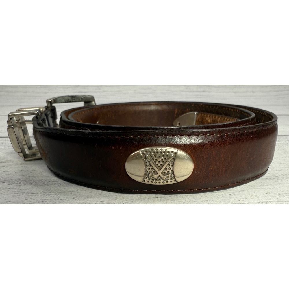 Golf Top Grain Leather Belt Brown Silver‎ Buckle Western Style Size 38